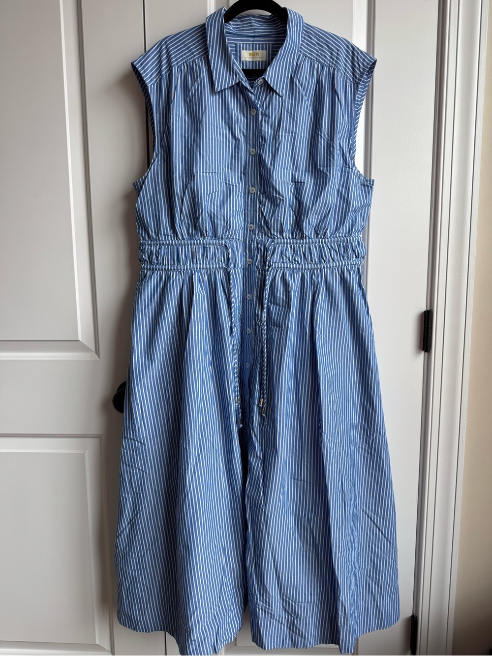 Maeve Anthropologie Blue Striped Sleeveless Cinch Waist Shirt Dress XL